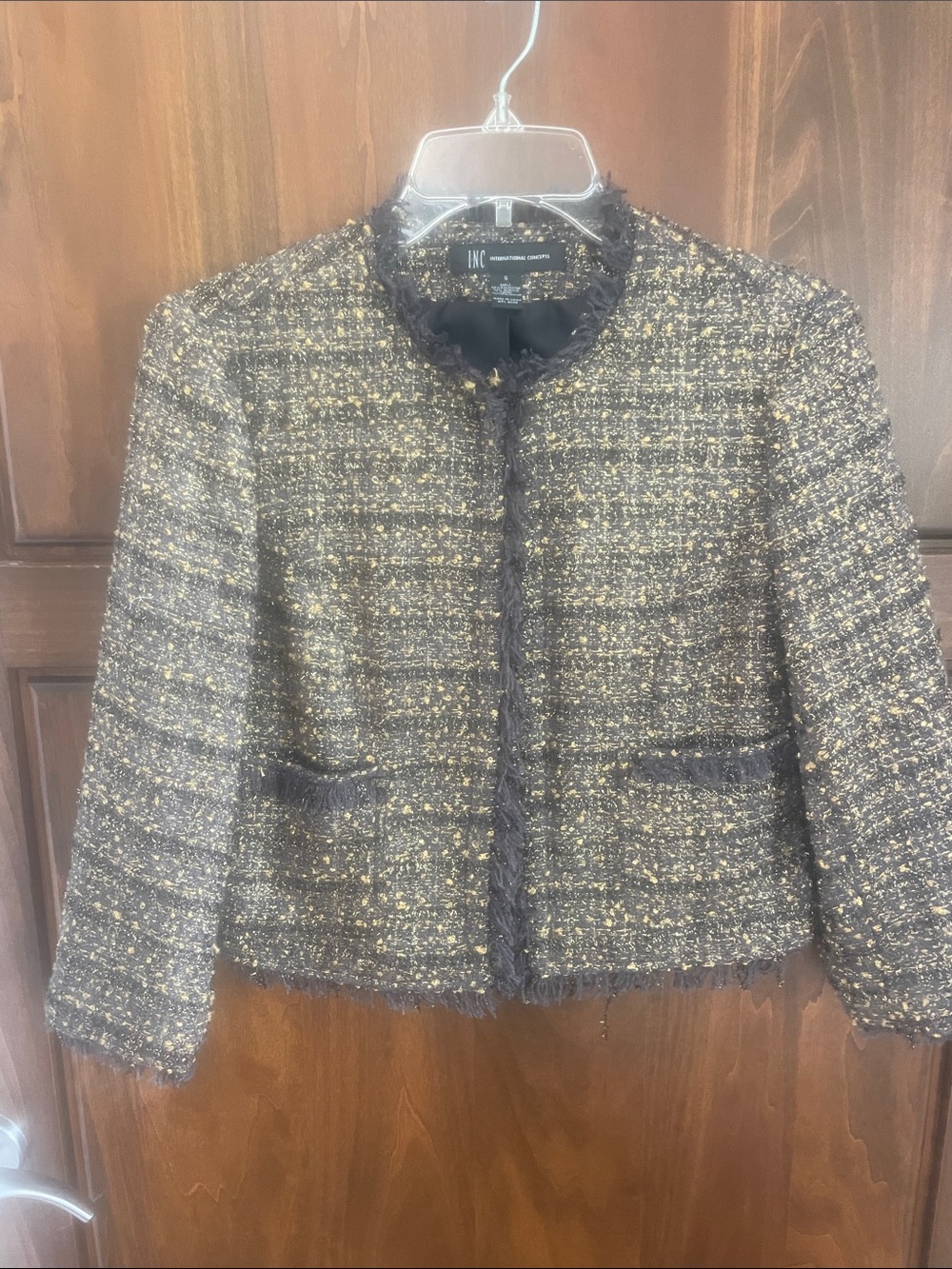 INC International Concepts Black and Gold Tweed Cropped Fringed Jacket